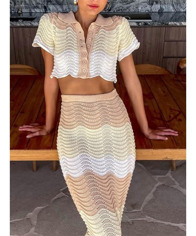 Women Crochet Knit 2 Piece Skirt Set Hollow Out Crop Top Low Waist Bodycon Maxi Skirt 2Pc Summer Y2k Beach Outfit Set B Yello...