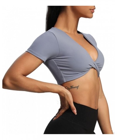 Short Sleeve Crop Tops for Women Sienna Twist Deep V Workout Crop T Shirt Top Lazuli $19.19 Activewear