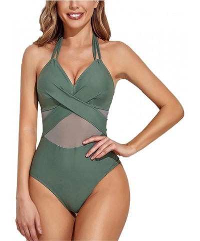 Women V Neck One Piece Swimsuits Tummy Control Ruched Swimwear Halter Bathing Suit D-army Green $9.90 Swimsuits