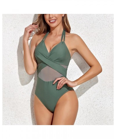 Women V Neck One Piece Swimsuits Tummy Control Ruched Swimwear Halter Bathing Suit D-army Green $9.90 Swimsuits