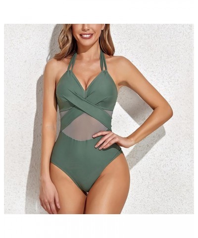 Women V Neck One Piece Swimsuits Tummy Control Ruched Swimwear Halter Bathing Suit D-army Green $9.90 Swimsuits