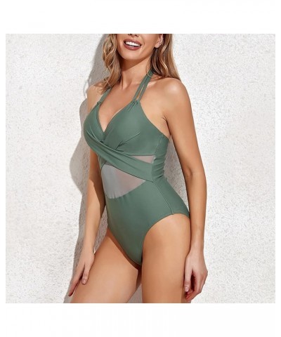 Women V Neck One Piece Swimsuits Tummy Control Ruched Swimwear Halter Bathing Suit D-army Green $9.90 Swimsuits