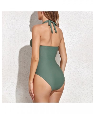 Women V Neck One Piece Swimsuits Tummy Control Ruched Swimwear Halter Bathing Suit D-army Green $9.90 Swimsuits