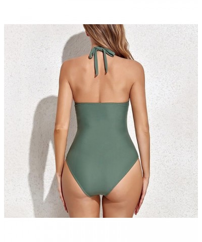 Women V Neck One Piece Swimsuits Tummy Control Ruched Swimwear Halter Bathing Suit D-army Green $9.90 Swimsuits