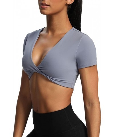 Short Sleeve Crop Tops for Women Sienna Twist Deep V Workout Crop T Shirt Top Lazuli $19.19 Activewear