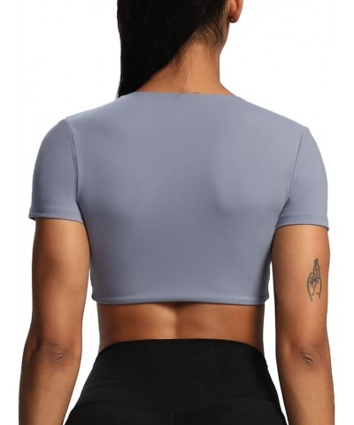 Short Sleeve Crop Tops for Women Sienna Twist Deep V Workout Crop T Shirt Top Lazuli $19.19 Activewear