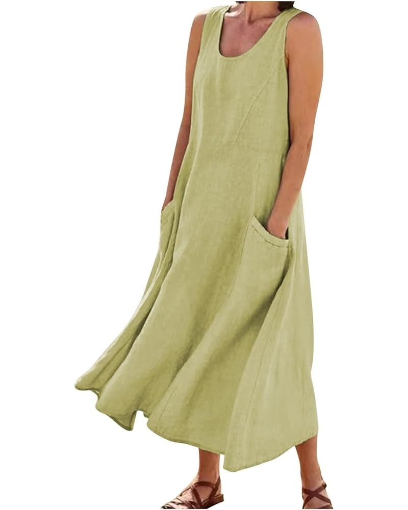 Women's Casual Cocktail Dresses Summer Solid Colour Sleeveless Cotton Linen Pocket Dress Casual Dresses Green $10.33 Dresses