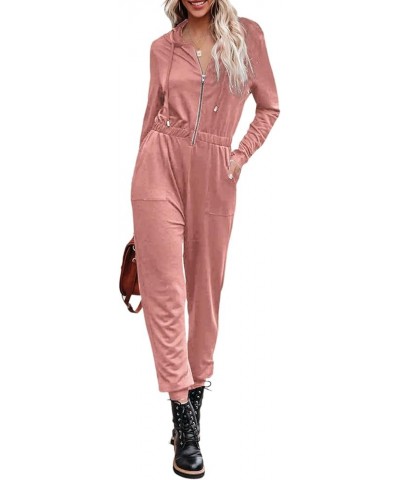 Women's Fall Casual Long Sleeve Hooded Jumpsuits Elastic Zip Up One Piece Outfits Romper with Pockets Pink $20.29 Jumpsuits