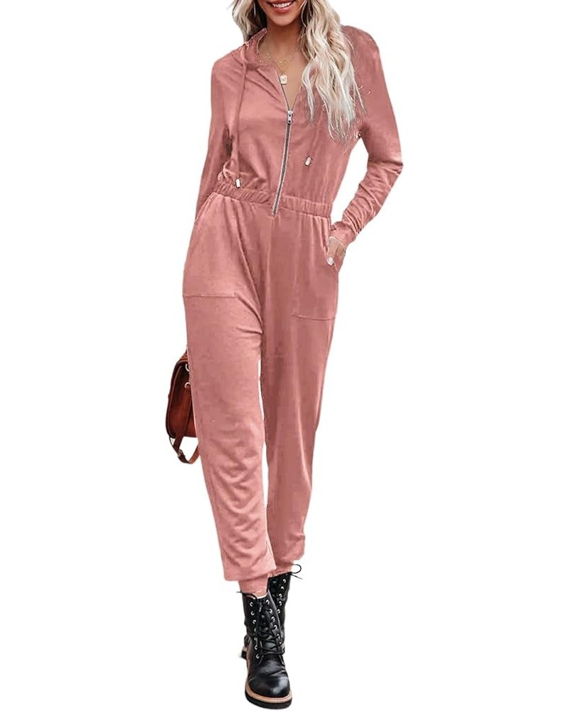 Women's Fall Casual Long Sleeve Hooded Jumpsuits Elastic Zip Up One Piece Outfits Romper with Pockets Pink $20.29 Jumpsuits