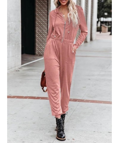 Women's Fall Casual Long Sleeve Hooded Jumpsuits Elastic Zip Up One Piece Outfits Romper with Pockets Pink $20.29 Jumpsuits