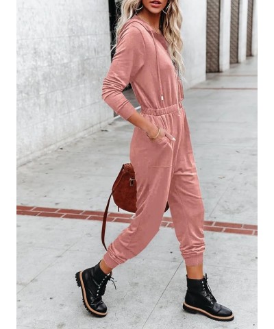 Women's Fall Casual Long Sleeve Hooded Jumpsuits Elastic Zip Up One Piece Outfits Romper with Pockets Pink $20.29 Jumpsuits