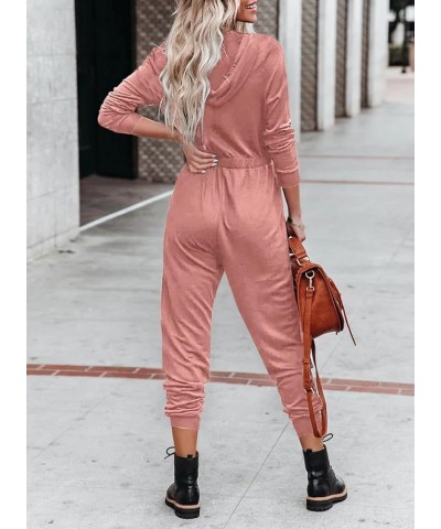 Women's Fall Casual Long Sleeve Hooded Jumpsuits Elastic Zip Up One Piece Outfits Romper with Pockets Pink $20.29 Jumpsuits