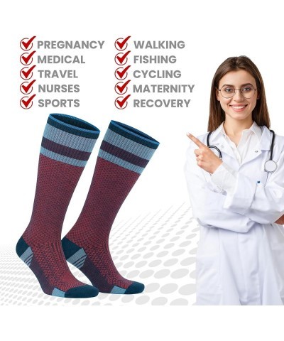 Unisex Knee High Compression Socks, 15-20 mmHg Rayon Made From Bamboo Socks, Breathable Travel Socks for Men & Women Red-navy...