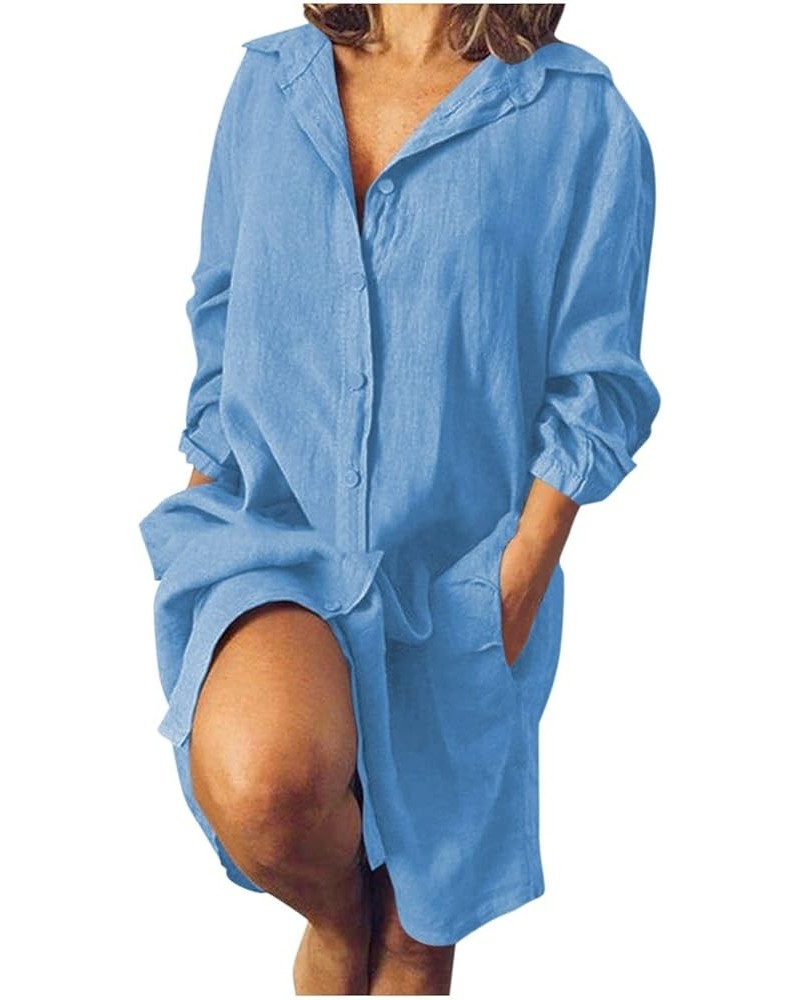 Women's Dresses 2022 and Linen Shirt Dressbutton Down V-Neck Long Sleeve with Pocket Knee Length Dresses Blue $8.88 Dresses