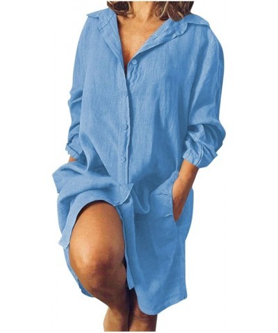 Women's Dresses 2022 and Linen Shirt Dressbutton Down V-Neck Long Sleeve with Pocket Knee Length Dresses Blue $8.88 Dresses