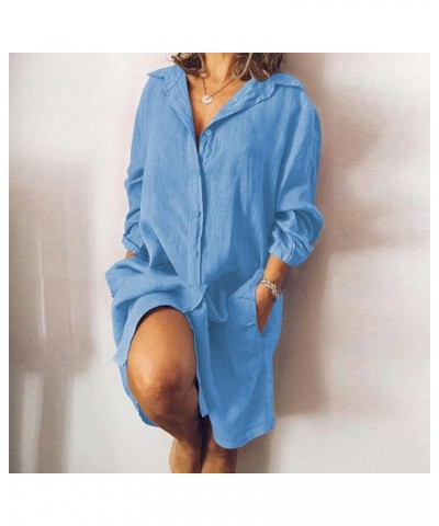 Women's Dresses 2022 and Linen Shirt Dressbutton Down V-Neck Long Sleeve with Pocket Knee Length Dresses Blue $8.88 Dresses