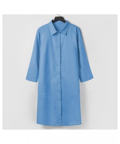 Women's Dresses 2022 and Linen Shirt Dressbutton Down V-Neck Long Sleeve with Pocket Knee Length Dresses Blue $8.88 Dresses