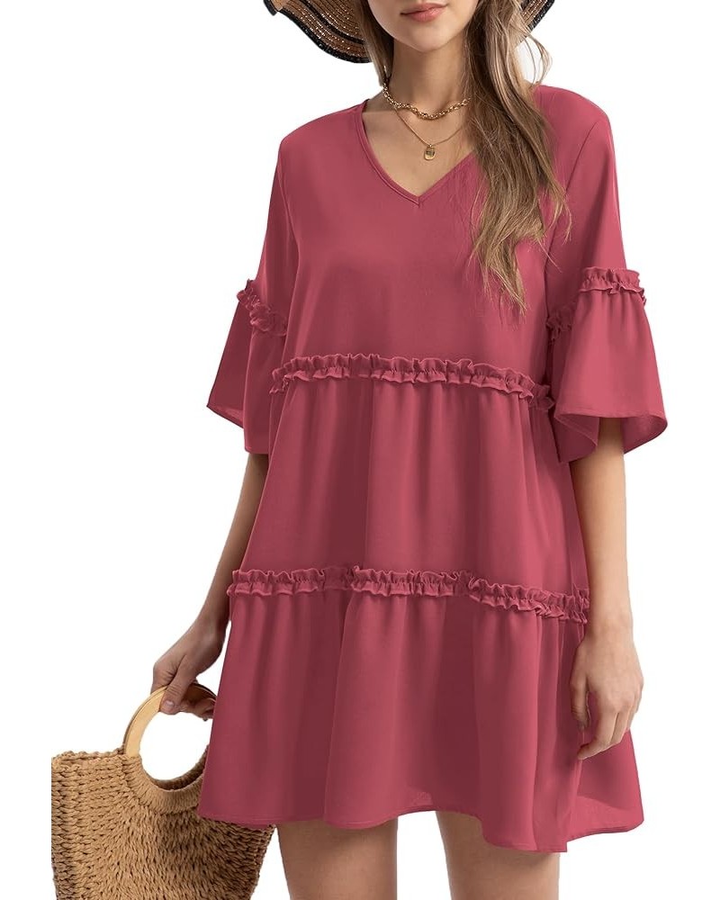 Women's Summer Dresses Flowy Tunic Mini Dress Short Sleeve V Neck Swing Dress Casual Knee Length Dress 04_bean Paste $15.20 D...