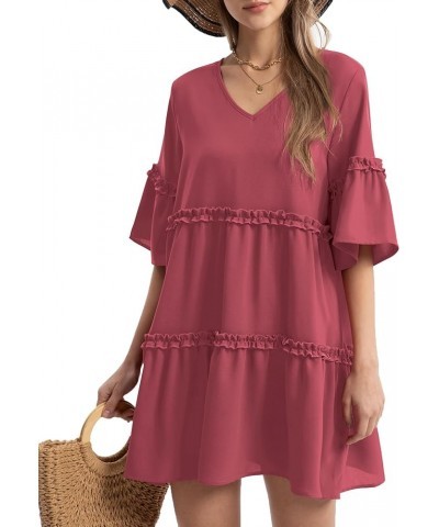 Women's Summer Dresses Flowy Tunic Mini Dress Short Sleeve V Neck Swing Dress Casual Knee Length Dress 04_bean Paste $15.20 D...