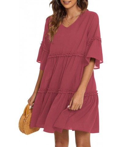 Women's Summer Dresses Flowy Tunic Mini Dress Short Sleeve V Neck Swing Dress Casual Knee Length Dress 04_bean Paste $15.20 D...