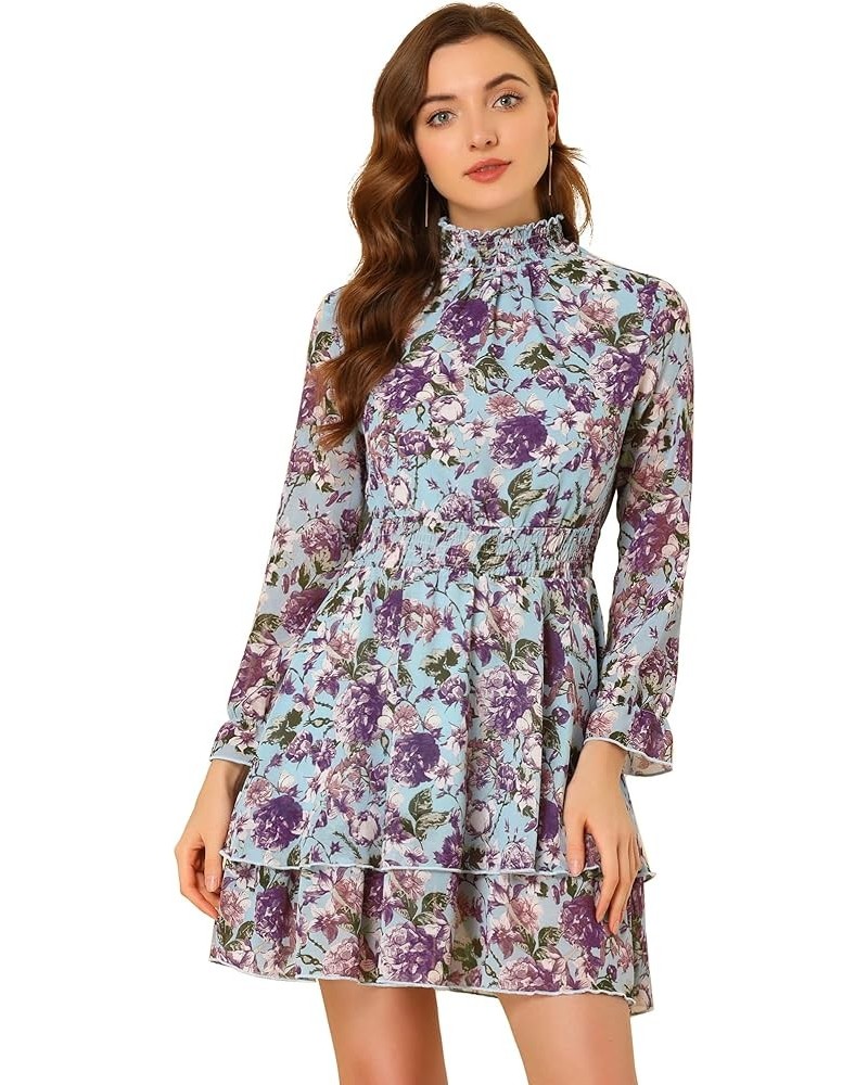 Women's Spring Summer Floral Dress Chiffon Long Sleeve Mock Neck Ruffle Layered Smocked Mini Dresses Blue $17.64 Dresses