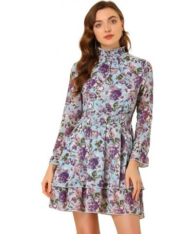 Women's Spring Summer Floral Dress Chiffon Long Sleeve Mock Neck Ruffle Layered Smocked Mini Dresses Blue $17.64 Dresses