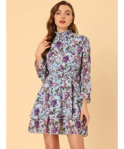 Women's Spring Summer Floral Dress Chiffon Long Sleeve Mock Neck Ruffle Layered Smocked Mini Dresses Blue $17.64 Dresses