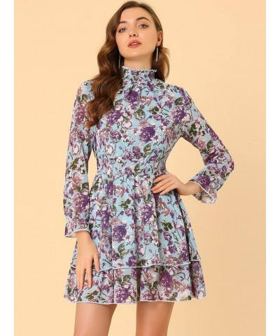 Women's Spring Summer Floral Dress Chiffon Long Sleeve Mock Neck Ruffle Layered Smocked Mini Dresses Blue $17.64 Dresses