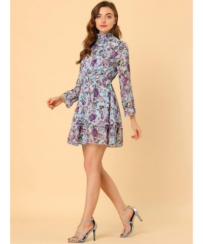 Women's Spring Summer Floral Dress Chiffon Long Sleeve Mock Neck Ruffle Layered Smocked Mini Dresses Blue $17.64 Dresses