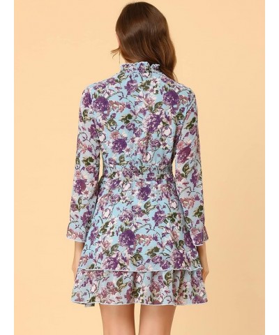 Women's Spring Summer Floral Dress Chiffon Long Sleeve Mock Neck Ruffle Layered Smocked Mini Dresses Blue $17.64 Dresses