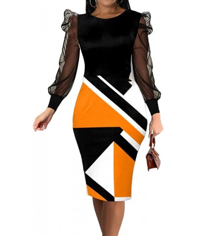 Women Sexy Bodycon Dresses Clubwear Elegant Crew Neck Long Sleeve Stretchy Pencil Cocktail Dress with Zipper Geometric/Orange...