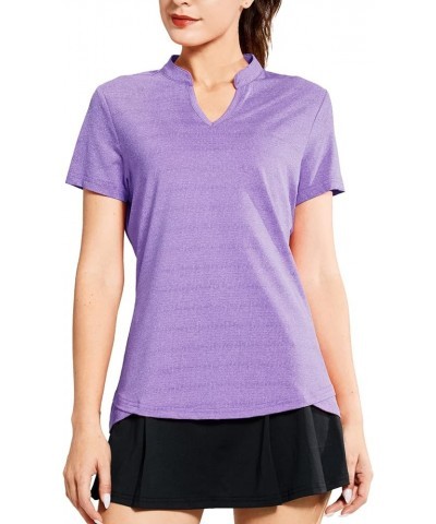 Women's Golf Polo Shirts Collarless UPF 50+ Short Sleeve Tennis Running T-Shirts V-Neck Heather Purple $14.85 Shirts