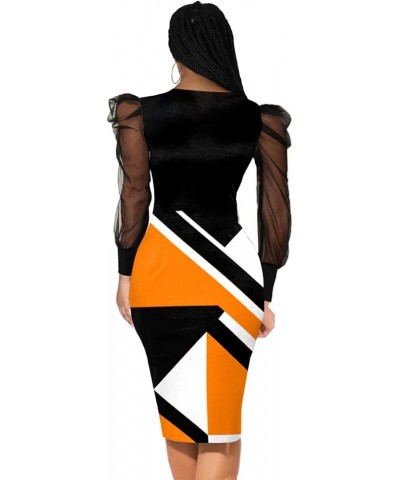 Women Sexy Bodycon Dresses Clubwear Elegant Crew Neck Long Sleeve Stretchy Pencil Cocktail Dress with Zipper Geometric/Orange...