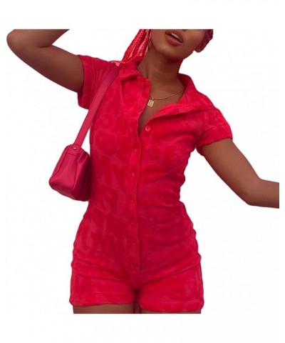 Women Shorts Jumpsuit Short Sleeve V Neck One Piece Romper Collared Plaid Button-down Playsuit Overall Letter/Rose Red $12.95...