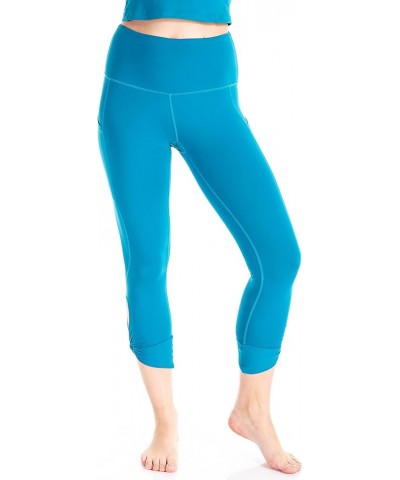 Women's Buttery Soft Capri Length Keyhole Yoga Leggings with Inner Pocket (S-3X) Hawaiian Blue $13.74 Activewear