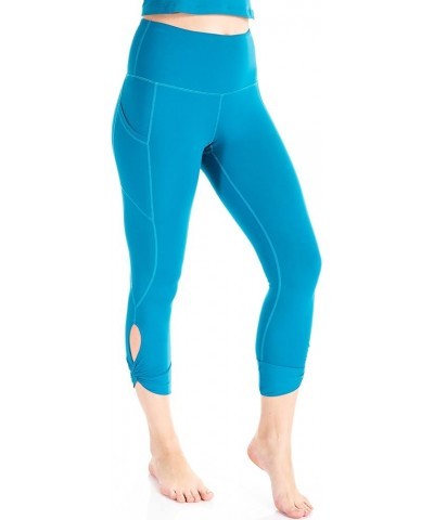 Women's Buttery Soft Capri Length Keyhole Yoga Leggings with Inner Pocket (S-3X) Hawaiian Blue $13.74 Activewear