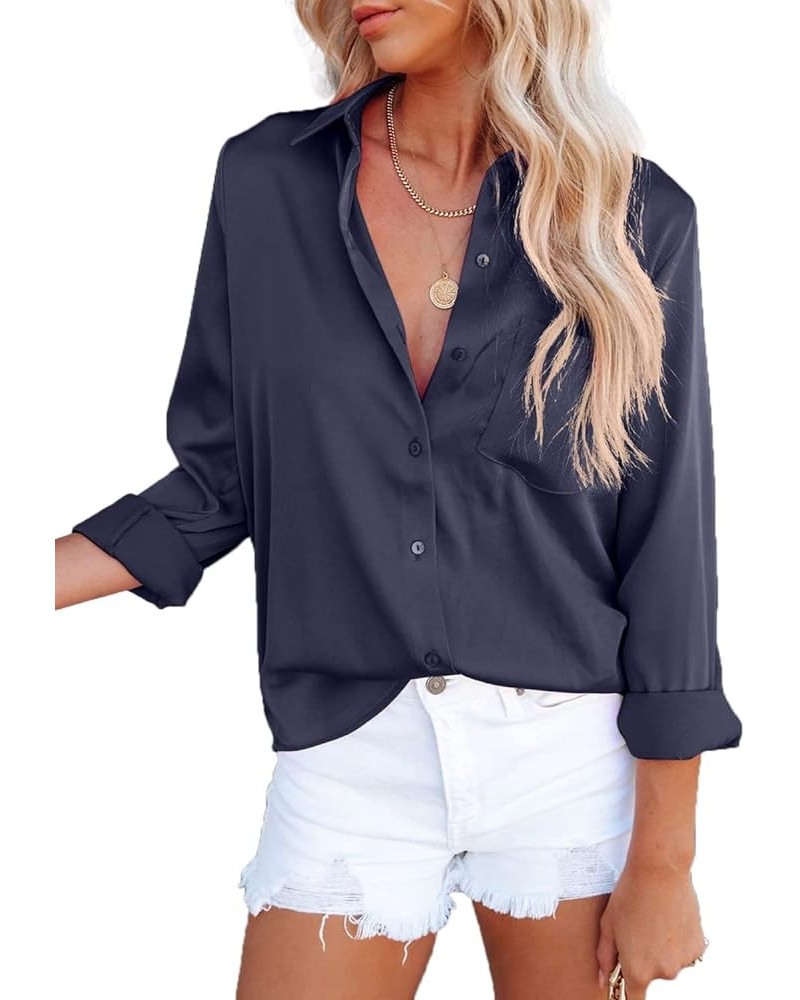 Women's Silk Blouses Satin Button Down Shirts V Neck Long Sleeve with Pocket Casual Work Office Tunic Tops A-navy Blue $14.72...