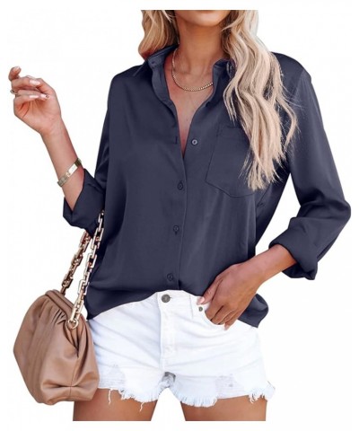 Women's Silk Blouses Satin Button Down Shirts V Neck Long Sleeve with Pocket Casual Work Office Tunic Tops A-navy Blue $14.72...