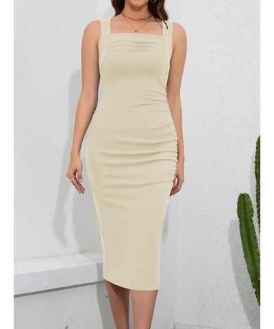 Women's Summer Sexy Square Neck Ruched Bodycon Tank Midi Dress Sleeveless Ribbed Knit Cocktail Party Dresses Apricot $13.80 D...