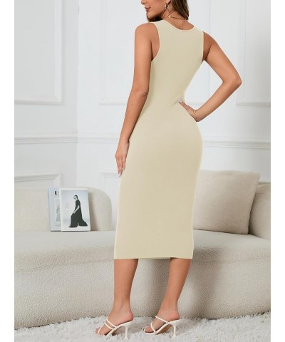 Women's Summer Sexy Square Neck Ruched Bodycon Tank Midi Dress Sleeveless Ribbed Knit Cocktail Party Dresses Apricot $13.80 D...