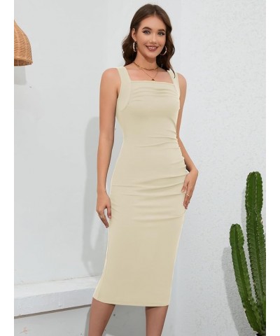 Women's Summer Sexy Square Neck Ruched Bodycon Tank Midi Dress Sleeveless Ribbed Knit Cocktail Party Dresses Apricot $13.80 D...