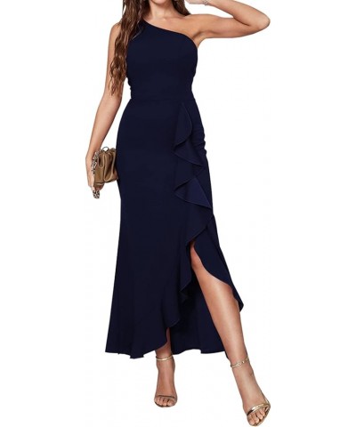 Womens Bodycon One Shoulder 3/4 Sleeve Cocktail Party Ruched Midi Dress 5562 Darkblue $18.19 Dresses