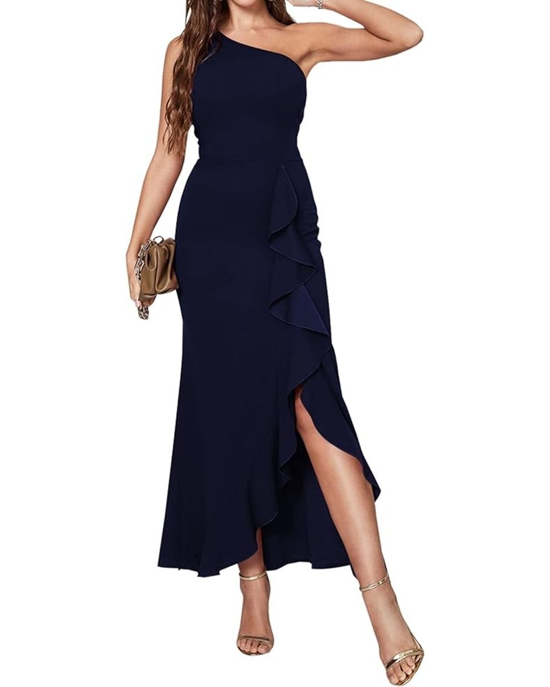 Womens Bodycon One Shoulder 3/4 Sleeve Cocktail Party Ruched Midi Dress 5562 Darkblue $18.19 Dresses