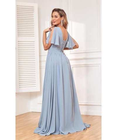 Women's Flutter Sleeve V Neck Bridesmaid Dresses with Pockets Long Empire Waist Split Formal Dress YG236 Grey $30.79 Dresses