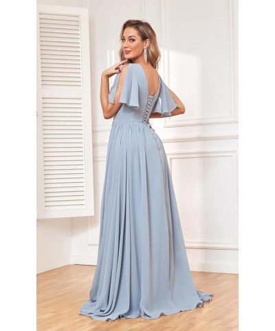 Women's Flutter Sleeve V Neck Bridesmaid Dresses with Pockets Long Empire Waist Split Formal Dress YG236 Grey $30.79 Dresses