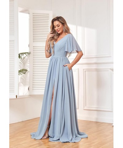 Women's Flutter Sleeve V Neck Bridesmaid Dresses with Pockets Long Empire Waist Split Formal Dress YG236 Grey $30.79 Dresses