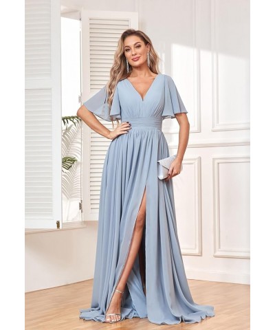 Women's Flutter Sleeve V Neck Bridesmaid Dresses with Pockets Long Empire Waist Split Formal Dress YG236 Grey $30.79 Dresses