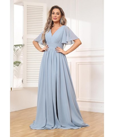 Women's Flutter Sleeve V Neck Bridesmaid Dresses with Pockets Long Empire Waist Split Formal Dress YG236 Grey $30.79 Dresses