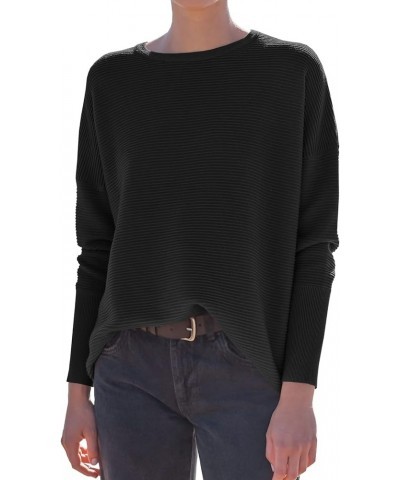 Women's 2023 Fall Long Batwing Sleeve Drop Shoulder Crewneck Casual Ribbed Knit Sweaters Pullover with Split Black $27.72 Swe...