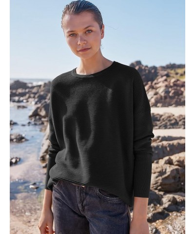 Women's 2023 Fall Long Batwing Sleeve Drop Shoulder Crewneck Casual Ribbed Knit Sweaters Pullover with Split Black $27.72 Swe...